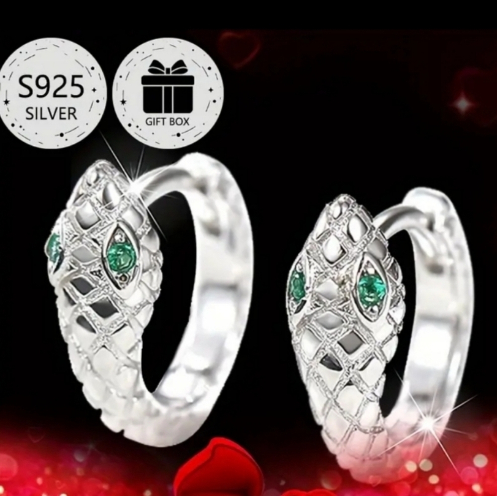 Green And Silver Serpent Earrings With Intricate Design